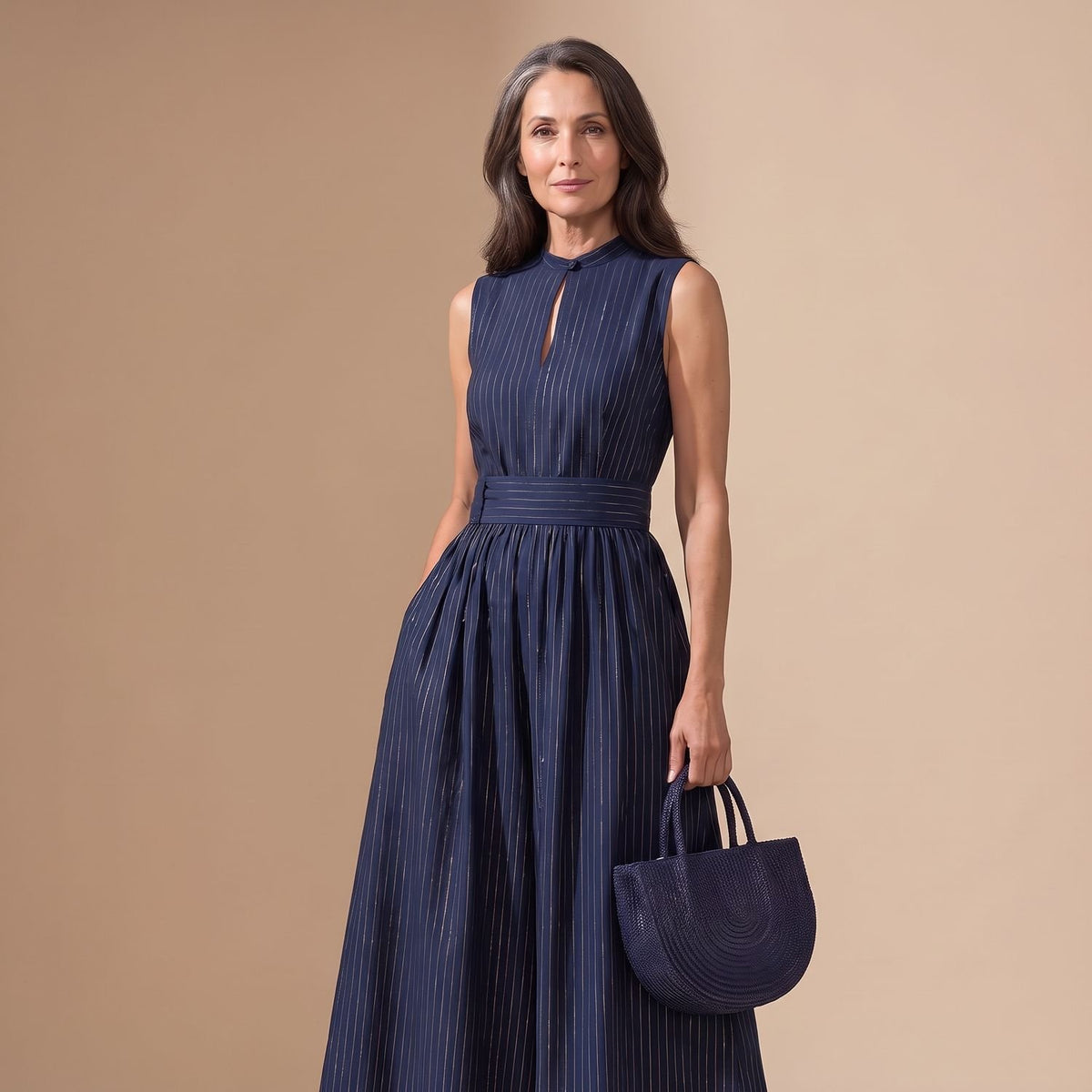 Women's Sleeveless Wide-Leg Striped Keyhole Jumpsuit
