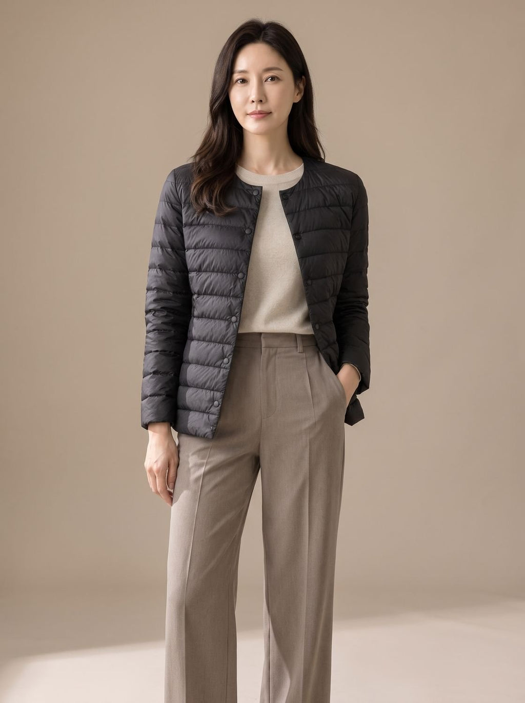 Women's Slim-Fit Collarless Quilted Puffer Jacket - Black