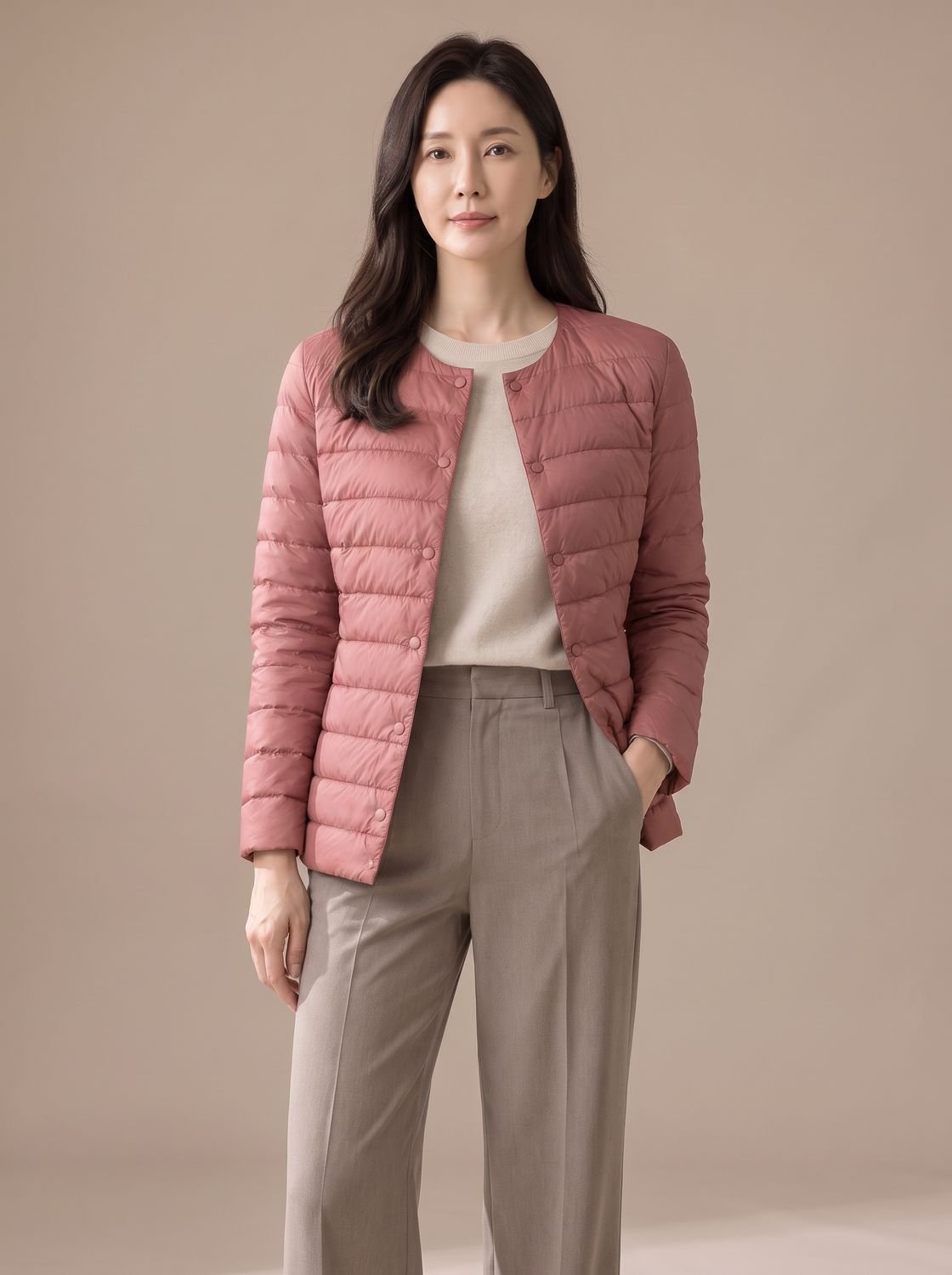 Women's Slim-Fit Collarless Quilted Puffer Jacket - Pink