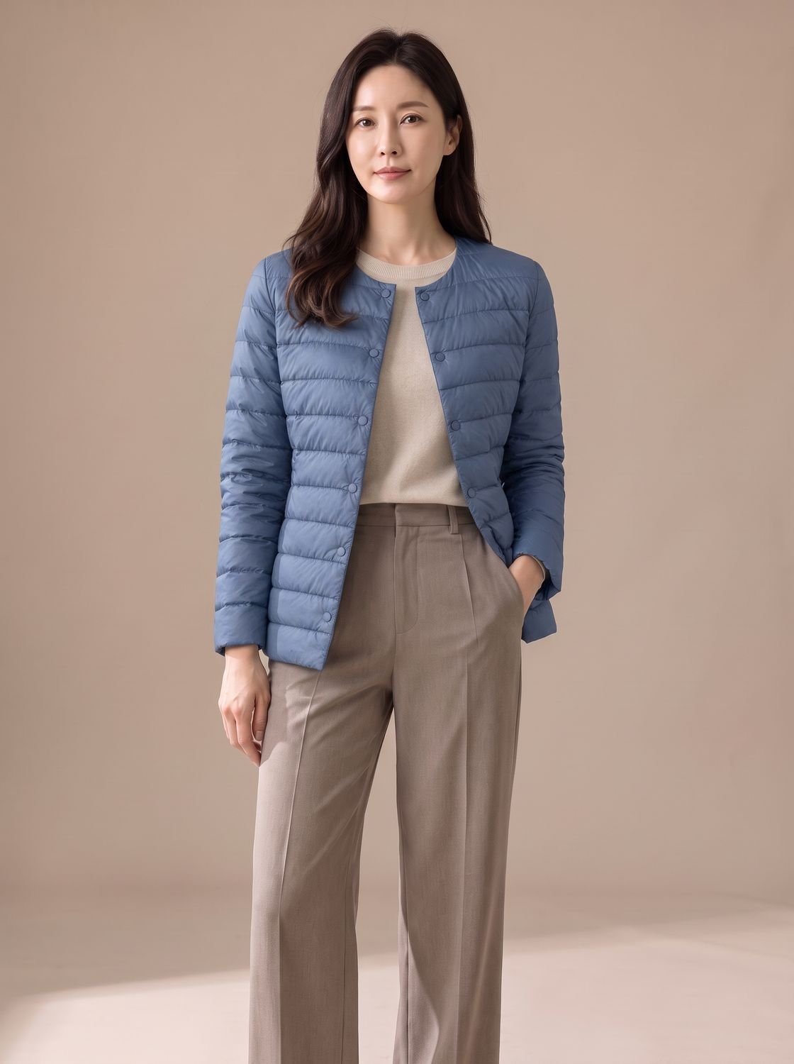 Women's Slim-Fit Collarless Quilted Puffer Jacket - Haze Blue