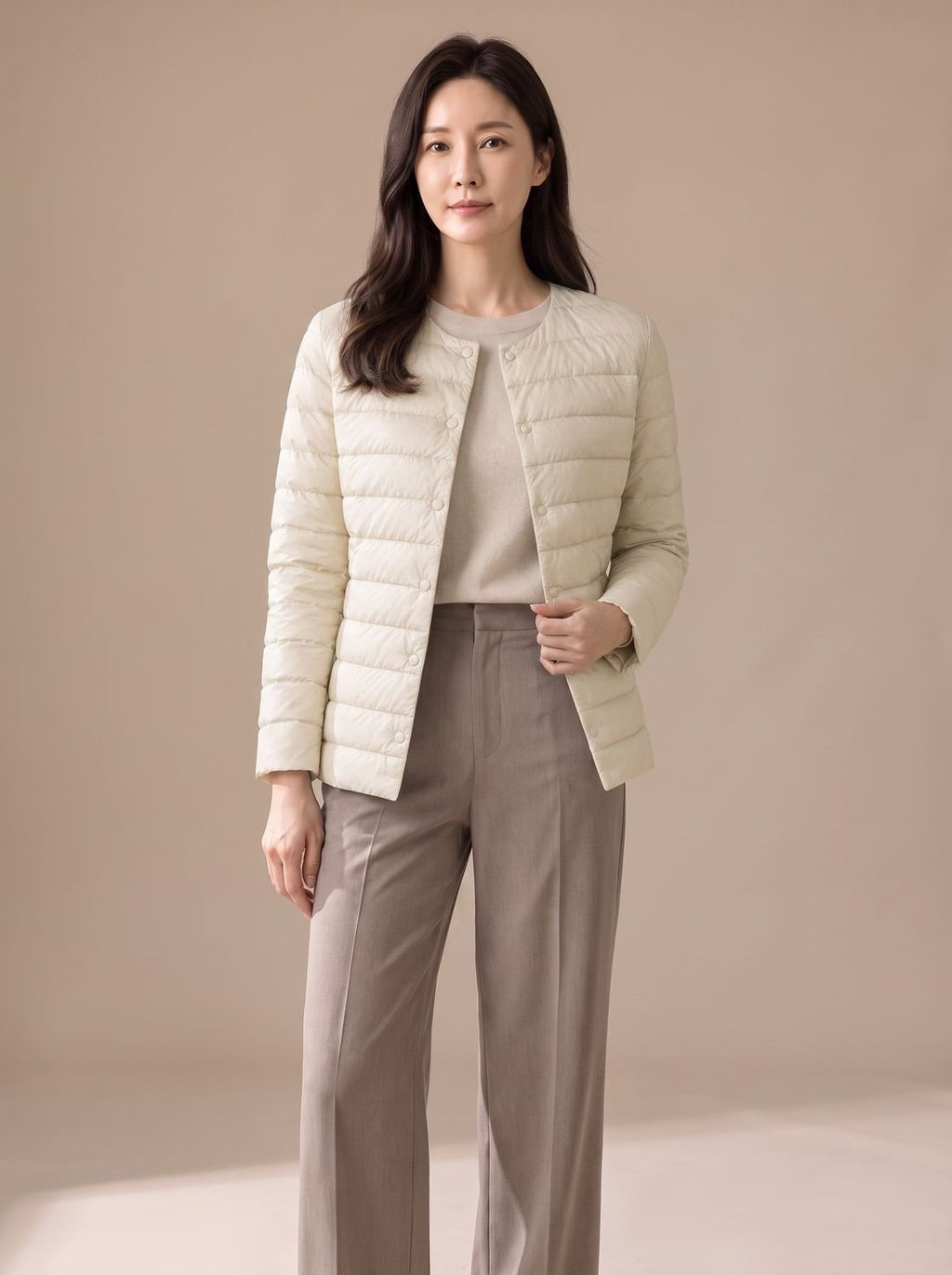 Women's Slim-Fit Collarless Quilted Puffer Jacket - Off White