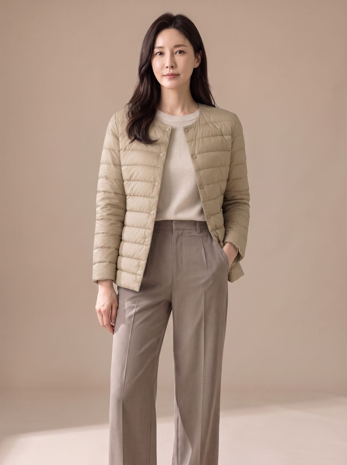 Women's Slim-Fit Collarless Quilted Puffer Jacket - Camel