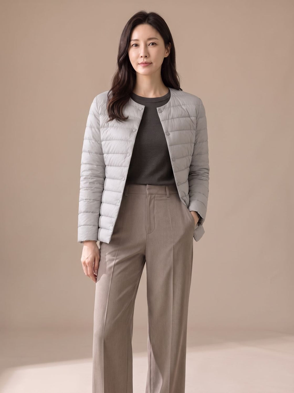 Women's Slim-Fit Collarless Quilted Puffer Jacket - Light Gray