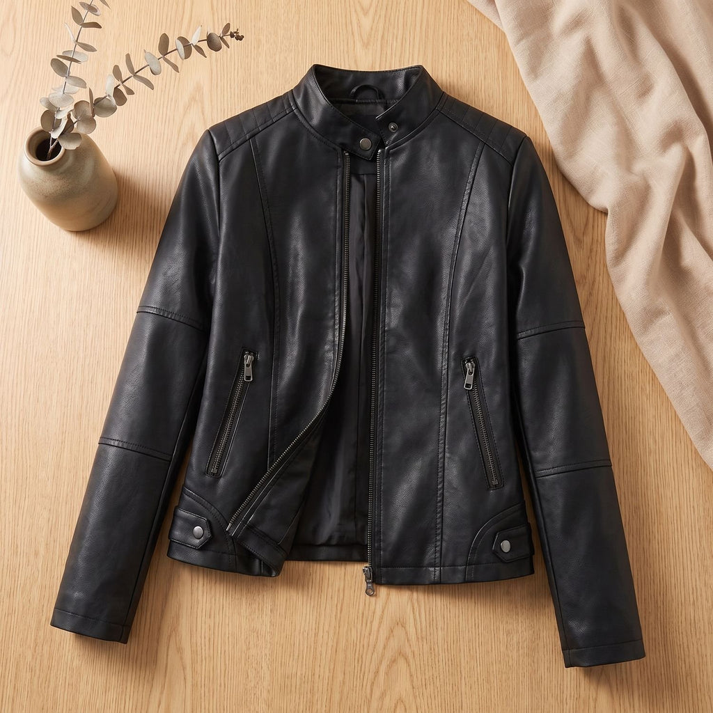 Women's Slim-Fit Faux Leather Jacket Zip-Up Moto Biker Style - Black