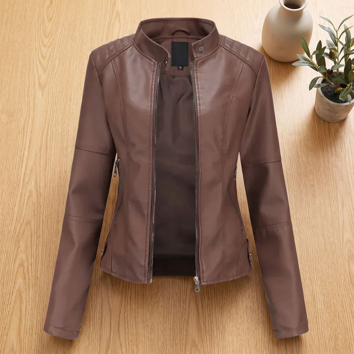 Women's Slim-Fit Faux Leather Jacket Zip-Up Moto Biker Style - Dark Brown
