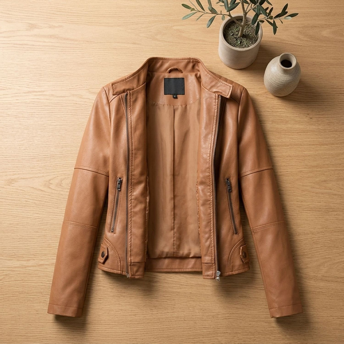 Women's Slim-Fit Faux Leather Jacket Zip-Up Moto Biker Style - Brown