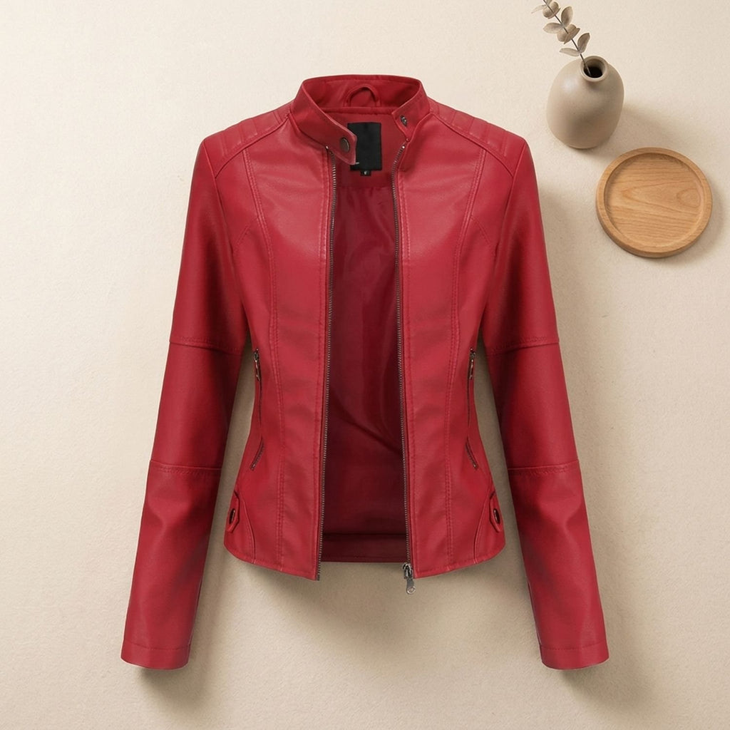 Women's Slim-Fit Faux Leather Jacket Zip-Up Moto Biker Style - Red