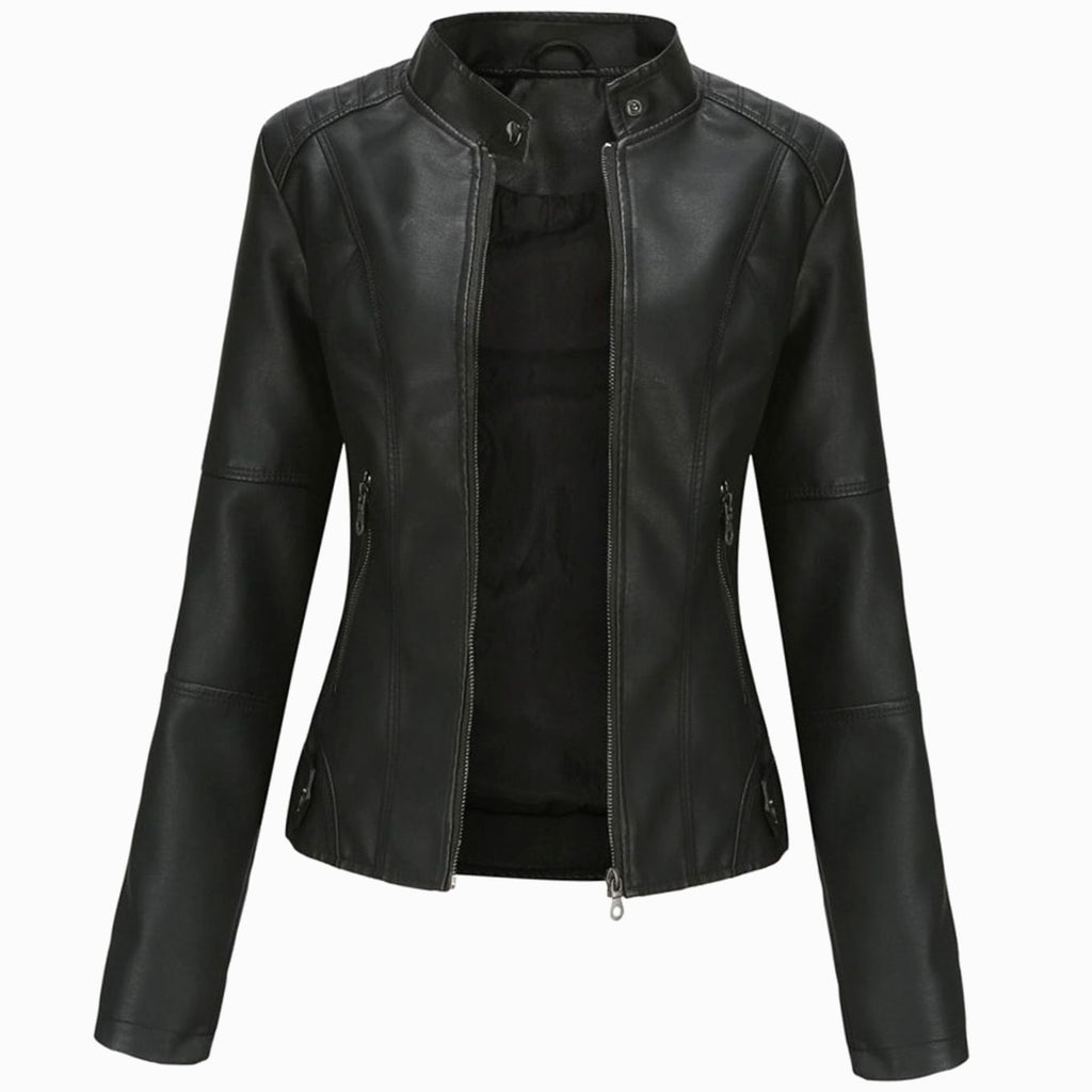 Women's Slim-Fit Faux Leather Zip-Up Biker Jacket - Black