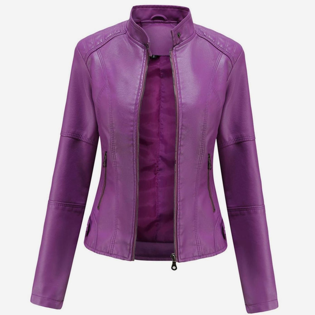 Women's Slim-Fit Faux Leather Zip-Up Biker Jacket - Purple