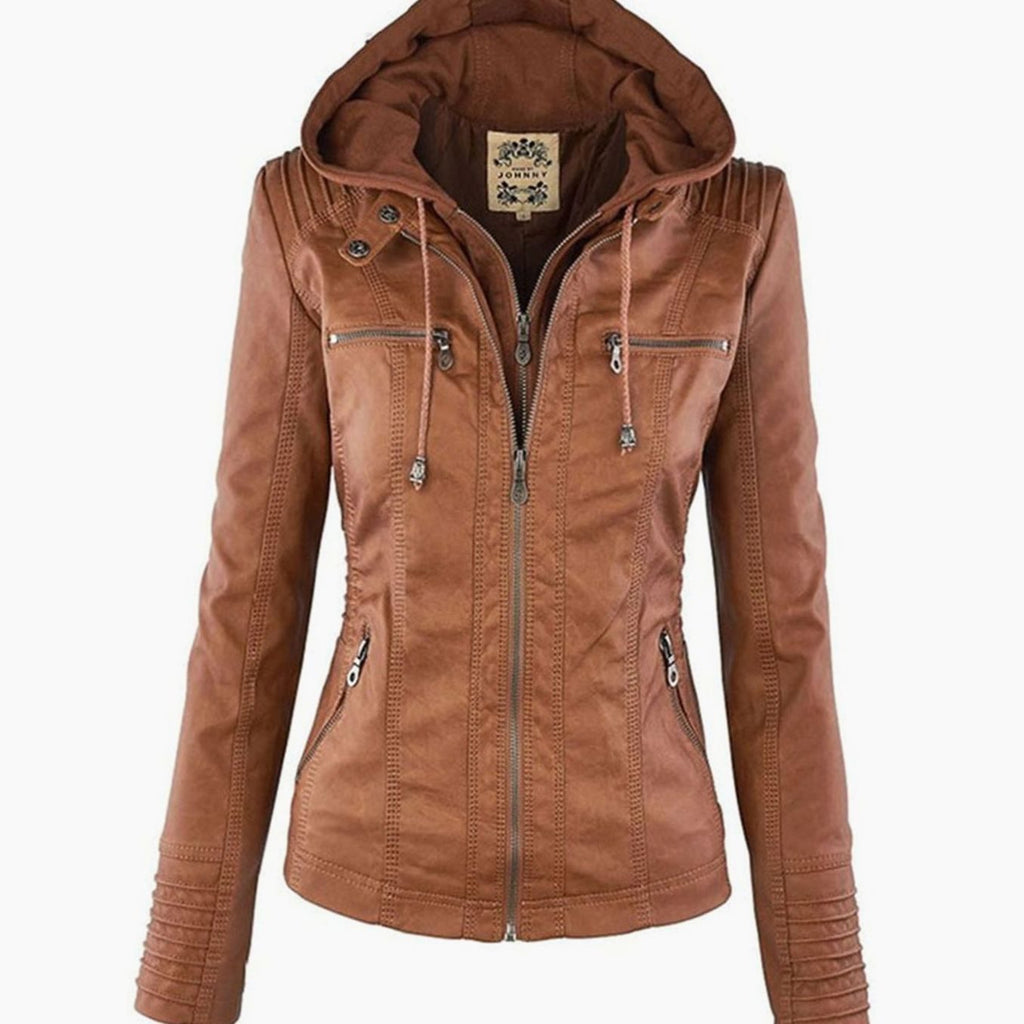 Women's Slim-Fit Hooded Faux Leather Zip-Up Biker Jacket - Khaki