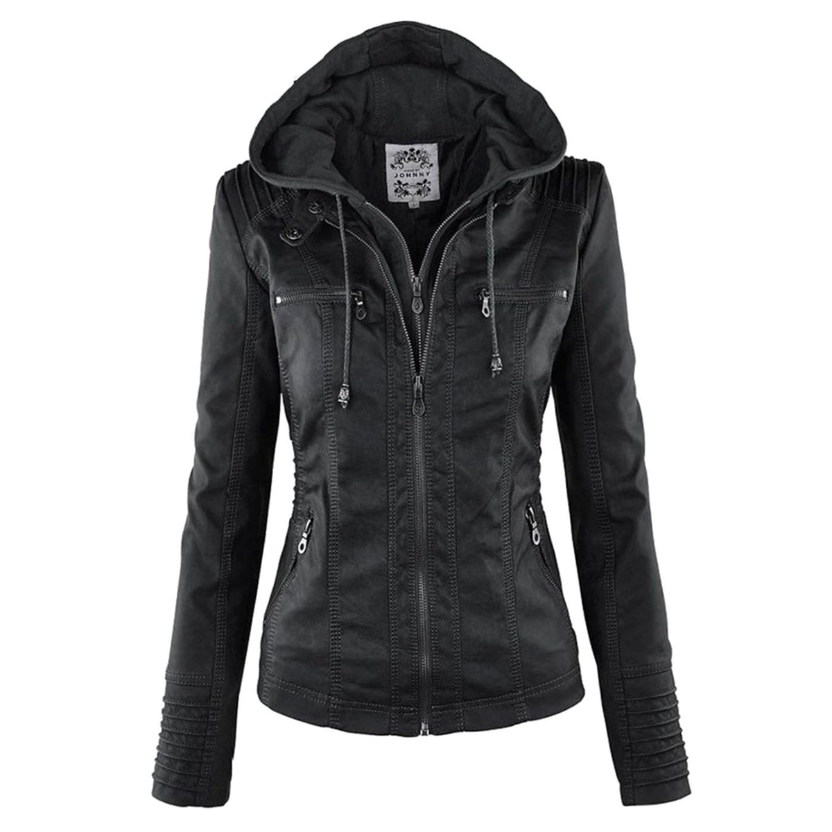 Women's Slim-Fit Hooded Faux Leather Zip-Up Biker Jacket - Black