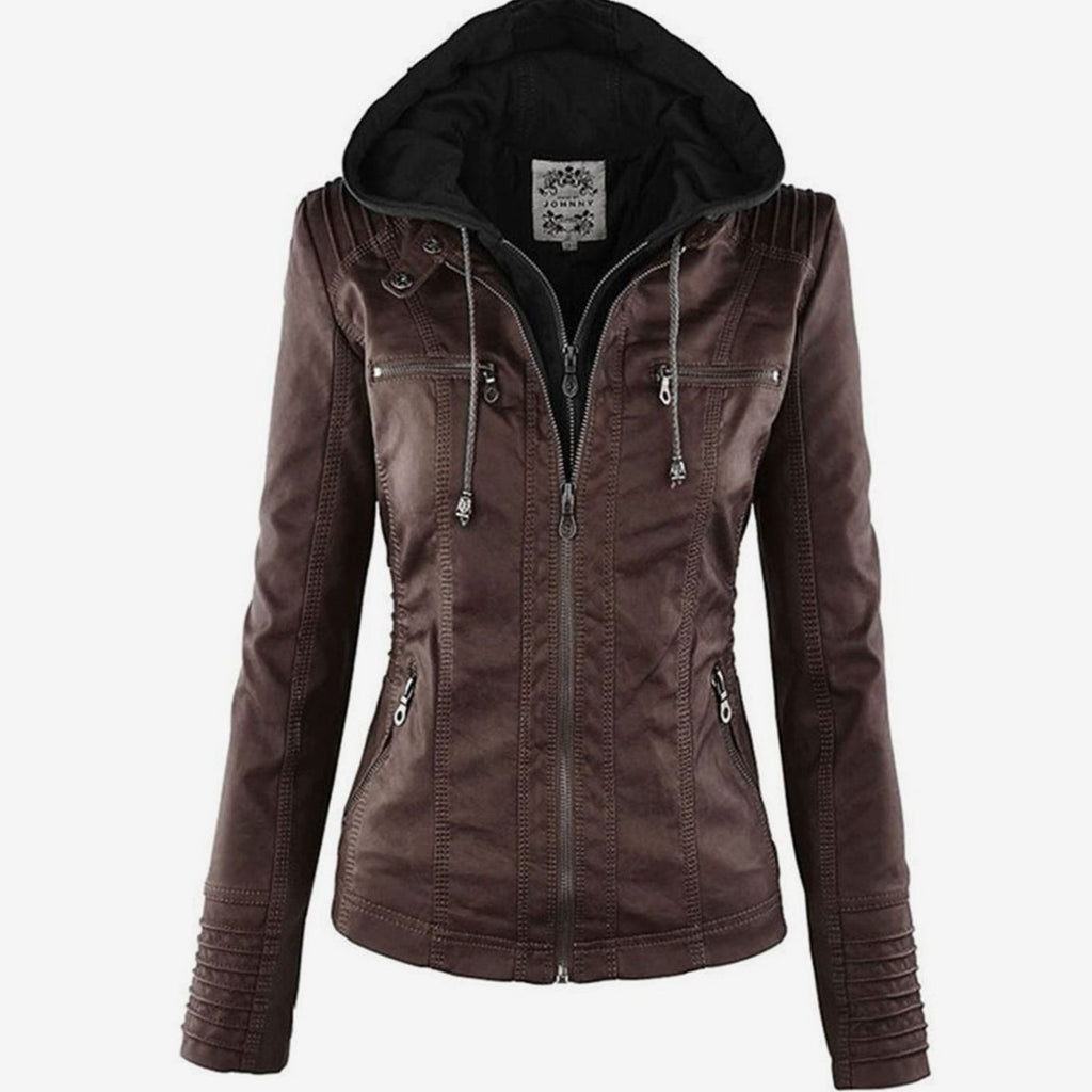 Women's Slim-Fit Hooded Faux Leather Zip-Up Biker Jacket - Brown