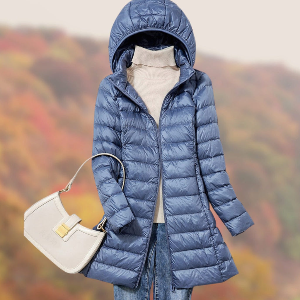 Women's Slim-Fit Hooded Long Puffer Jacket Zip-Front - Blue