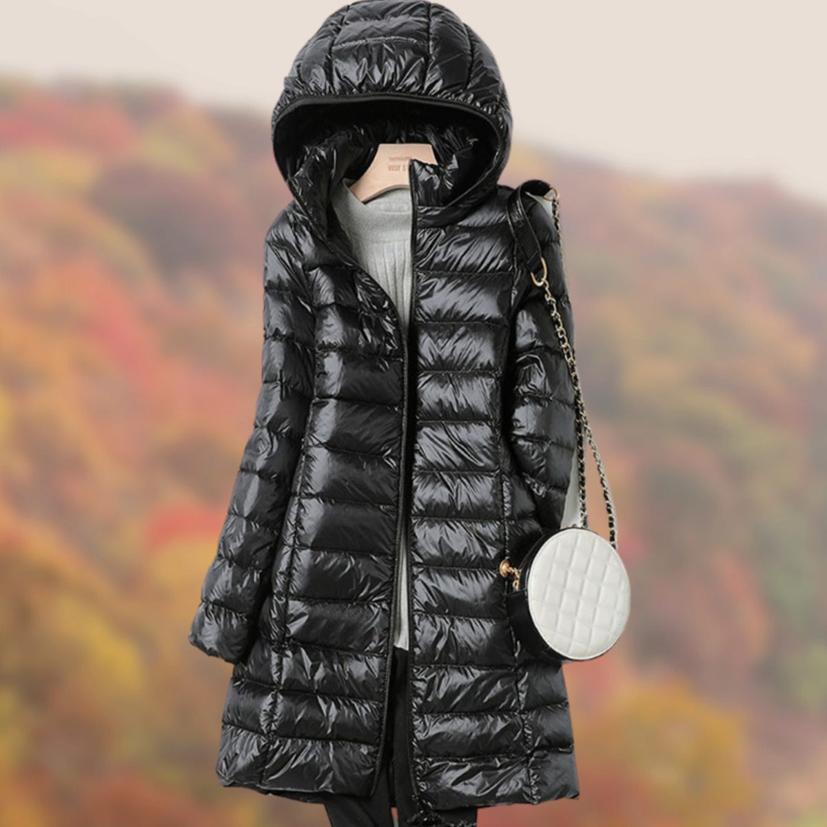 Women's Slim-Fit Hooded Long Puffer Jacket Zip-Front - Black