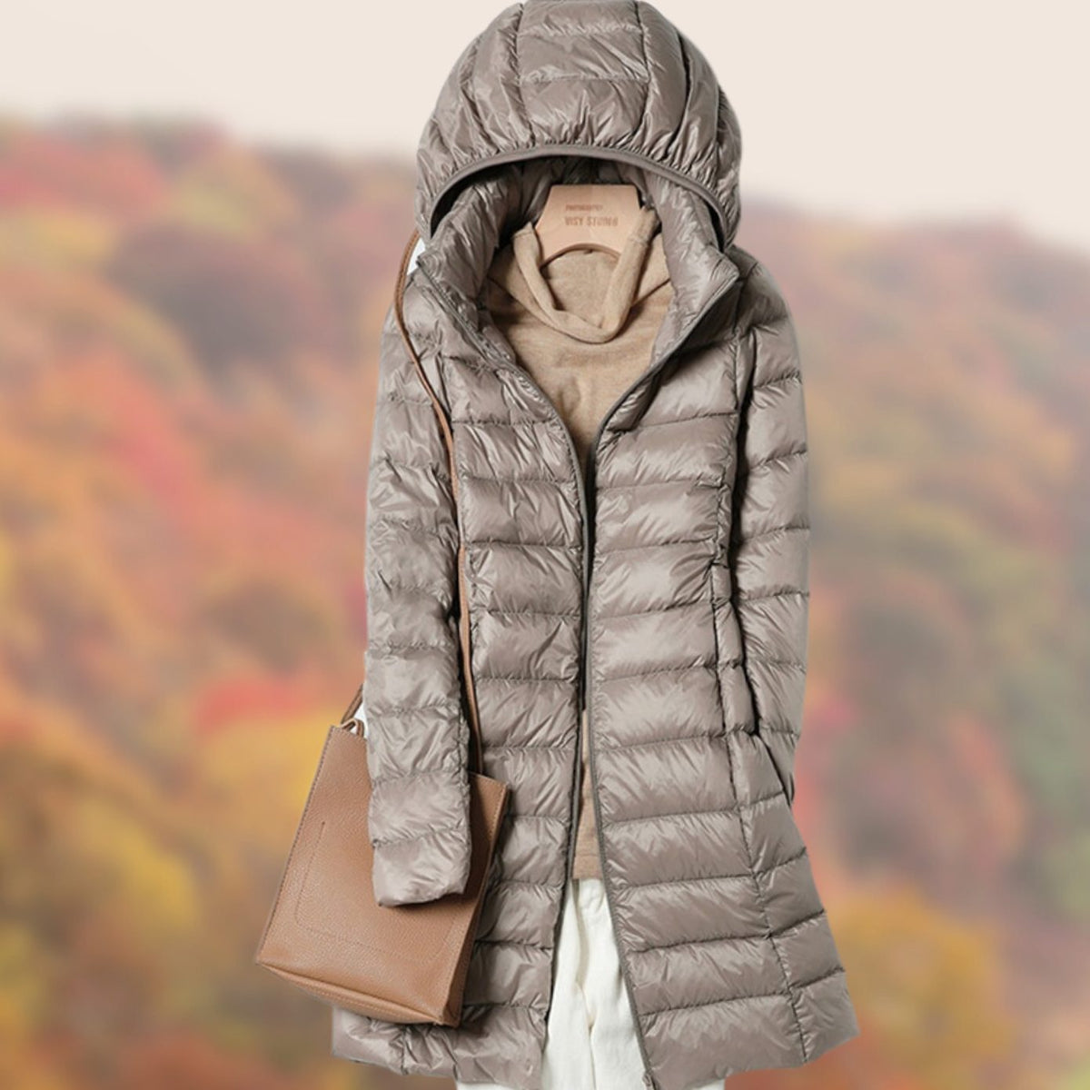 Women's Slim-Fit Hooded Long Puffer Jacket Zip-Front - Khaki