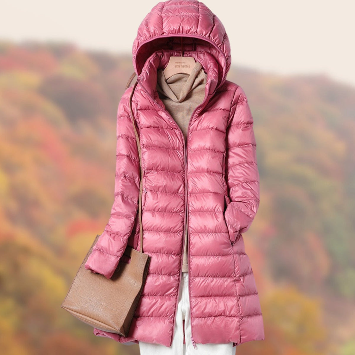 Women's Slim-Fit Hooded Long Puffer Jacket Zip-Front - Pink