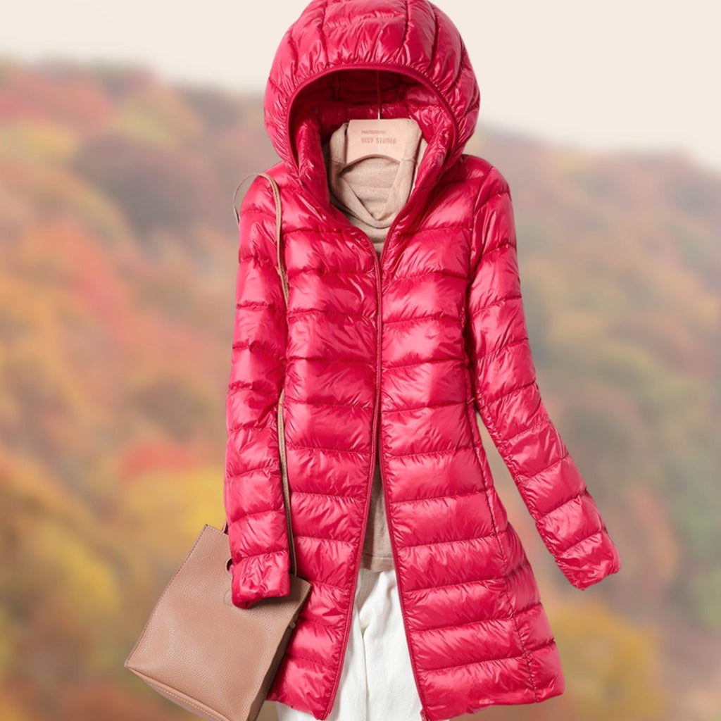 Women's Slim-Fit Hooded Long Puffer Jacket Zip-Front - Red