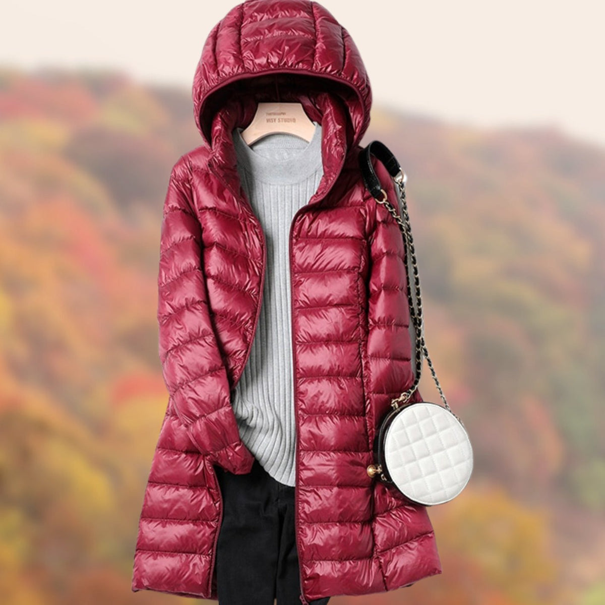 Women's Slim-Fit Hooded Long Puffer Jacket Zip-Front - Burgundy