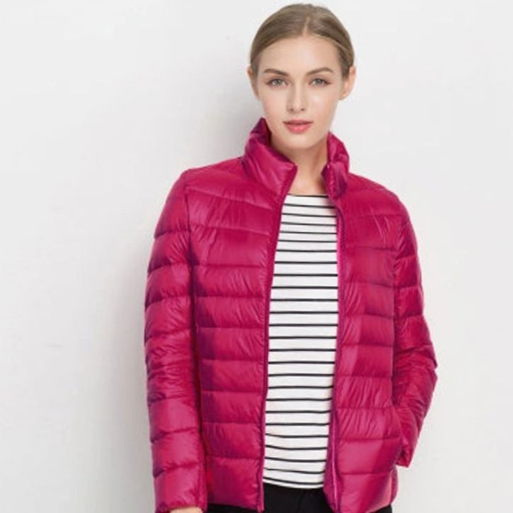 Women's Slim Fit Lightweight Puffer Winter Coat Stand Collar - Fuchsia
