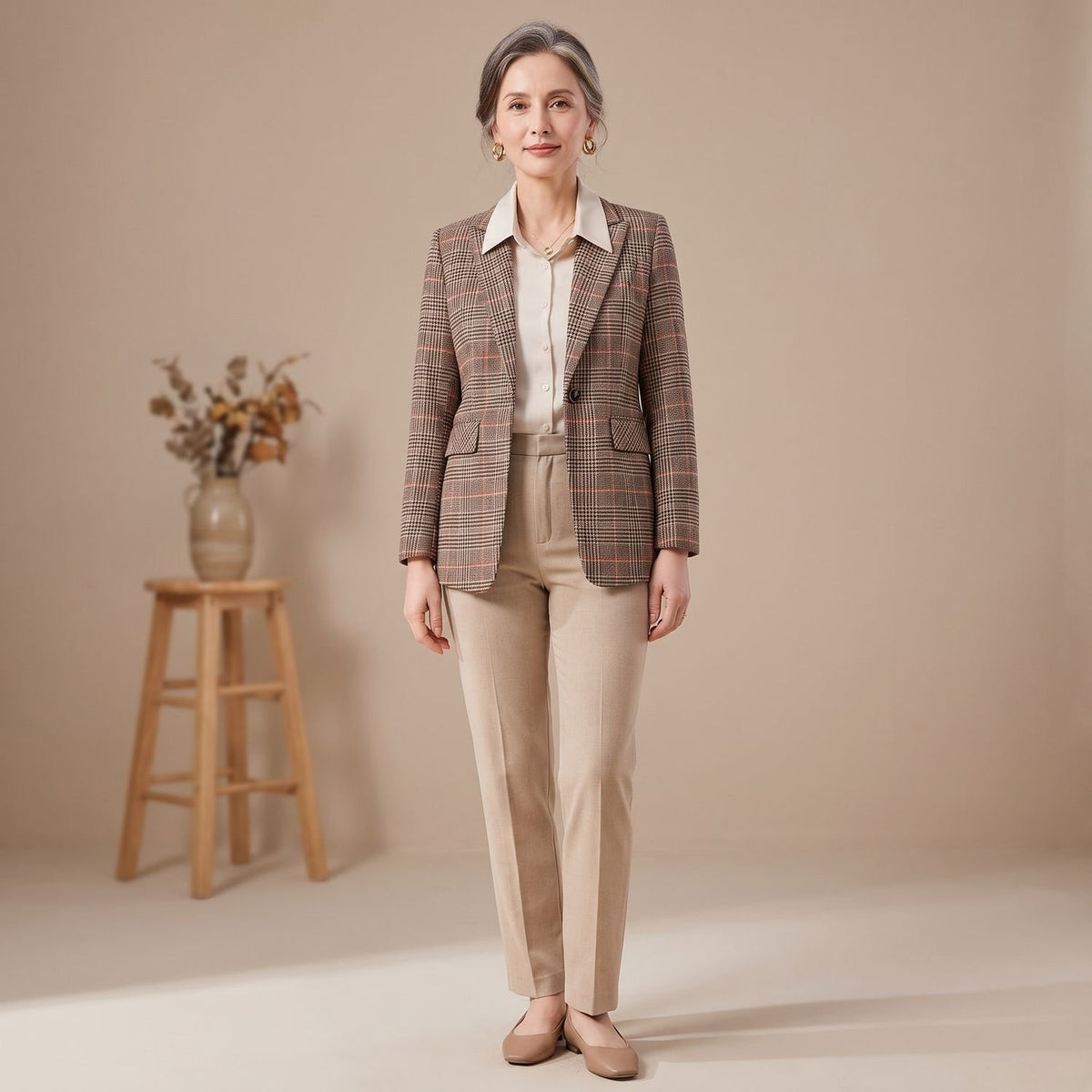 Women's Slim-Fit Tartan Wool Blazer Single-Button Notch Lapel
