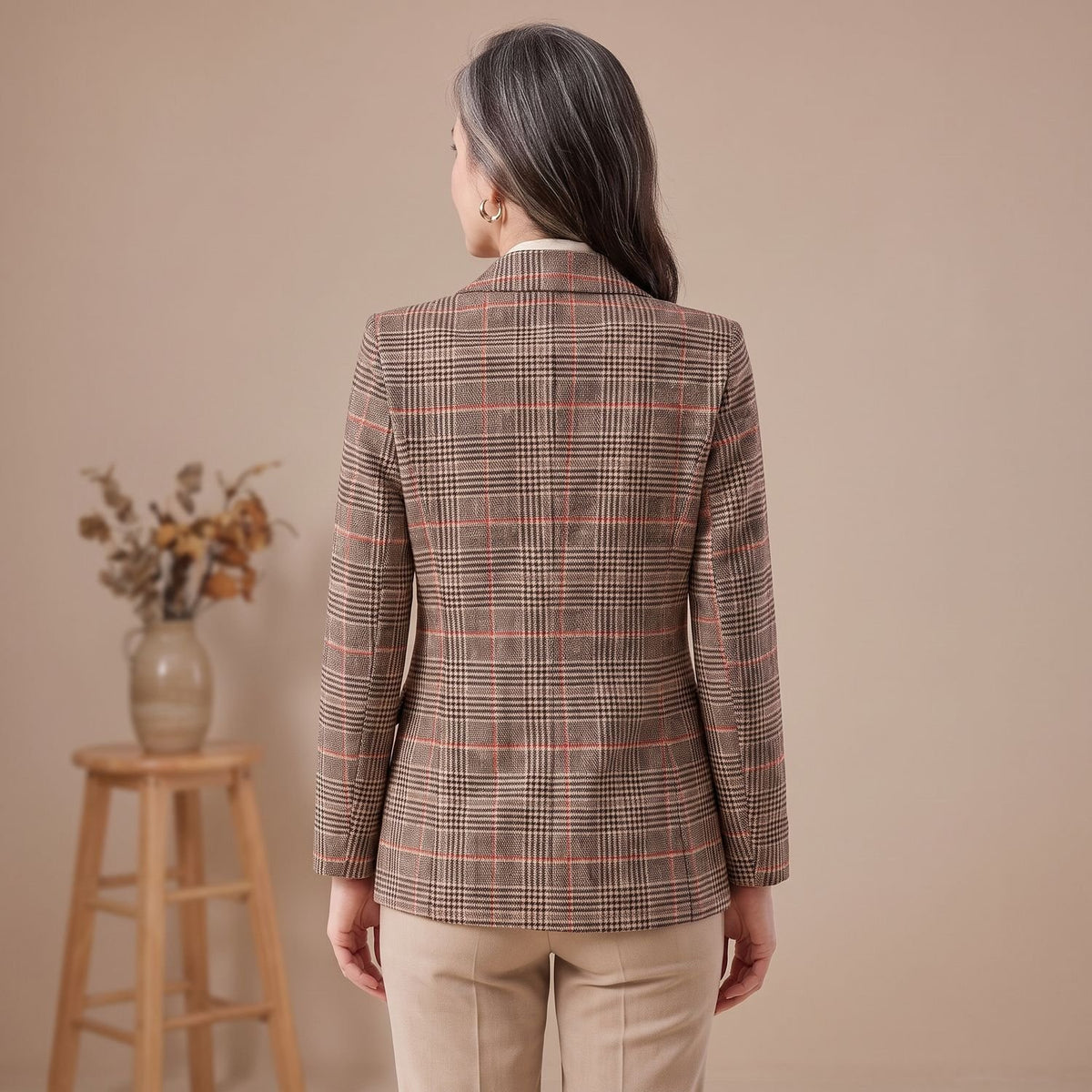 Women's Slim-Fit Tartan Wool Blazer Single-Button Notch Lapel