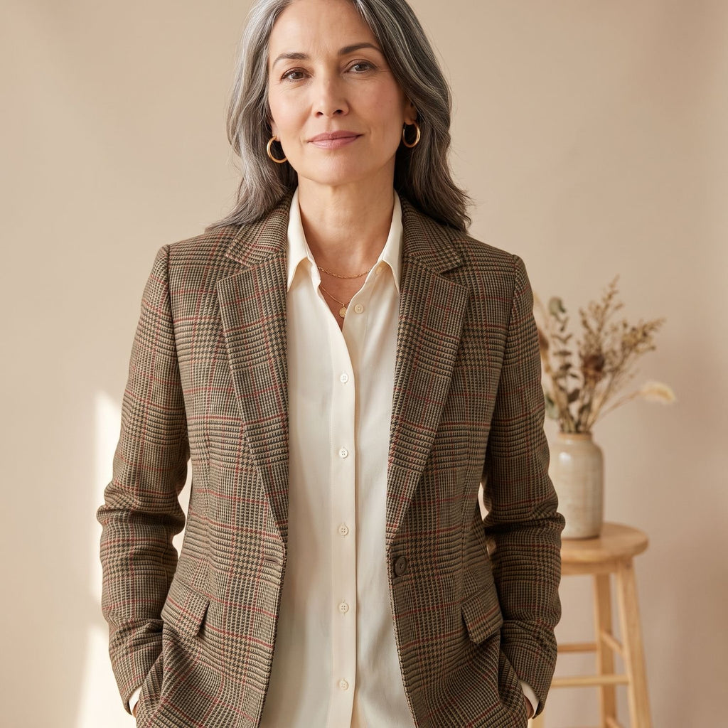 Women's Slim-Fit Tartan Wool Blazer Single-Button Notch Lapel - Brown
