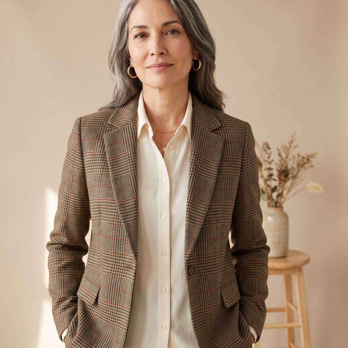 Women's Slim-Fit Tartan Wool Blazer Single-Button Notch Lapel - Brown