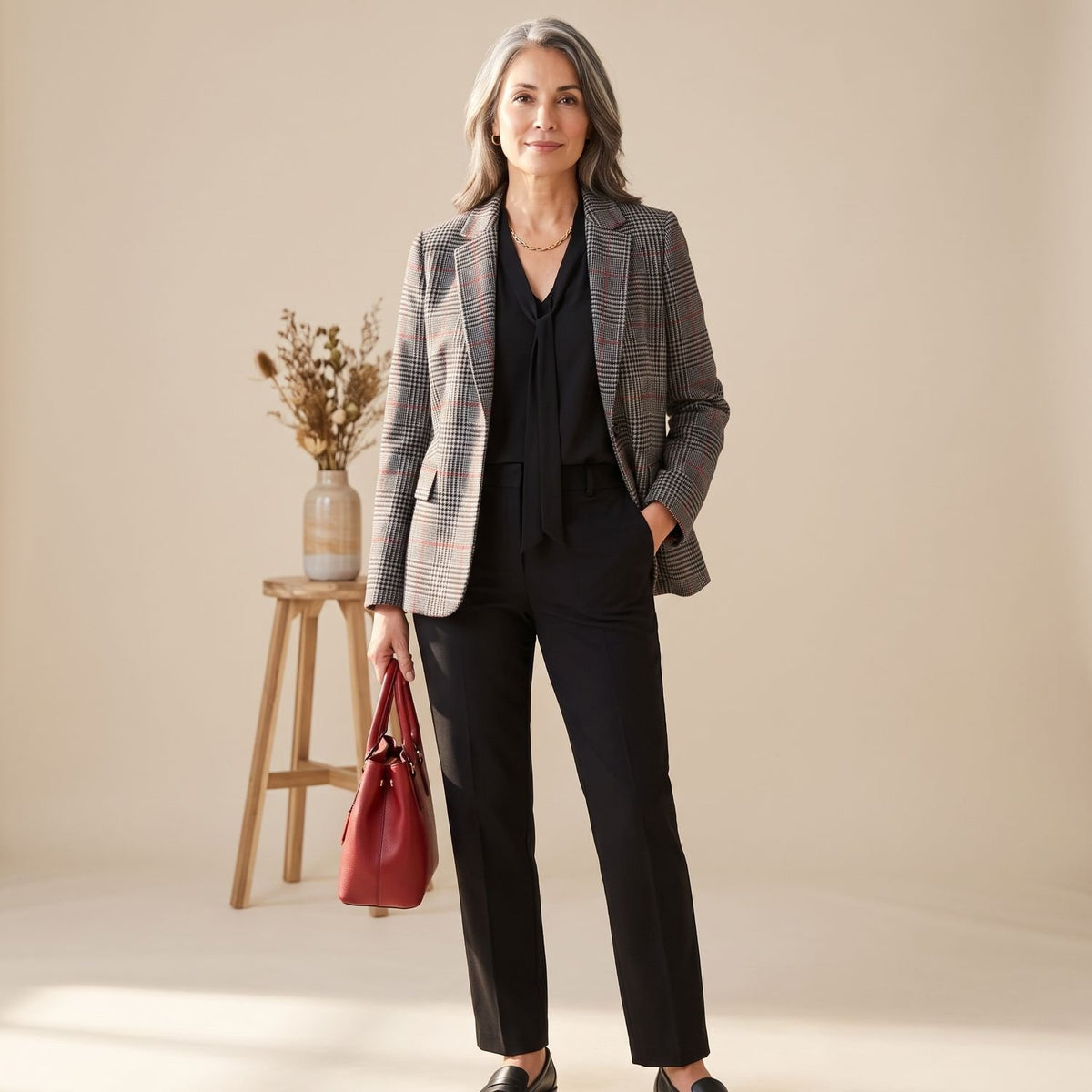 Women's Slim-Fit Tartan Wool Blazer Single-Button Notch Lapel - Black & White