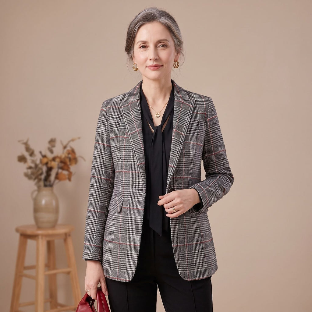 Women's Slim-Fit Tartan Wool Blazer Single-Button Notch Lapel