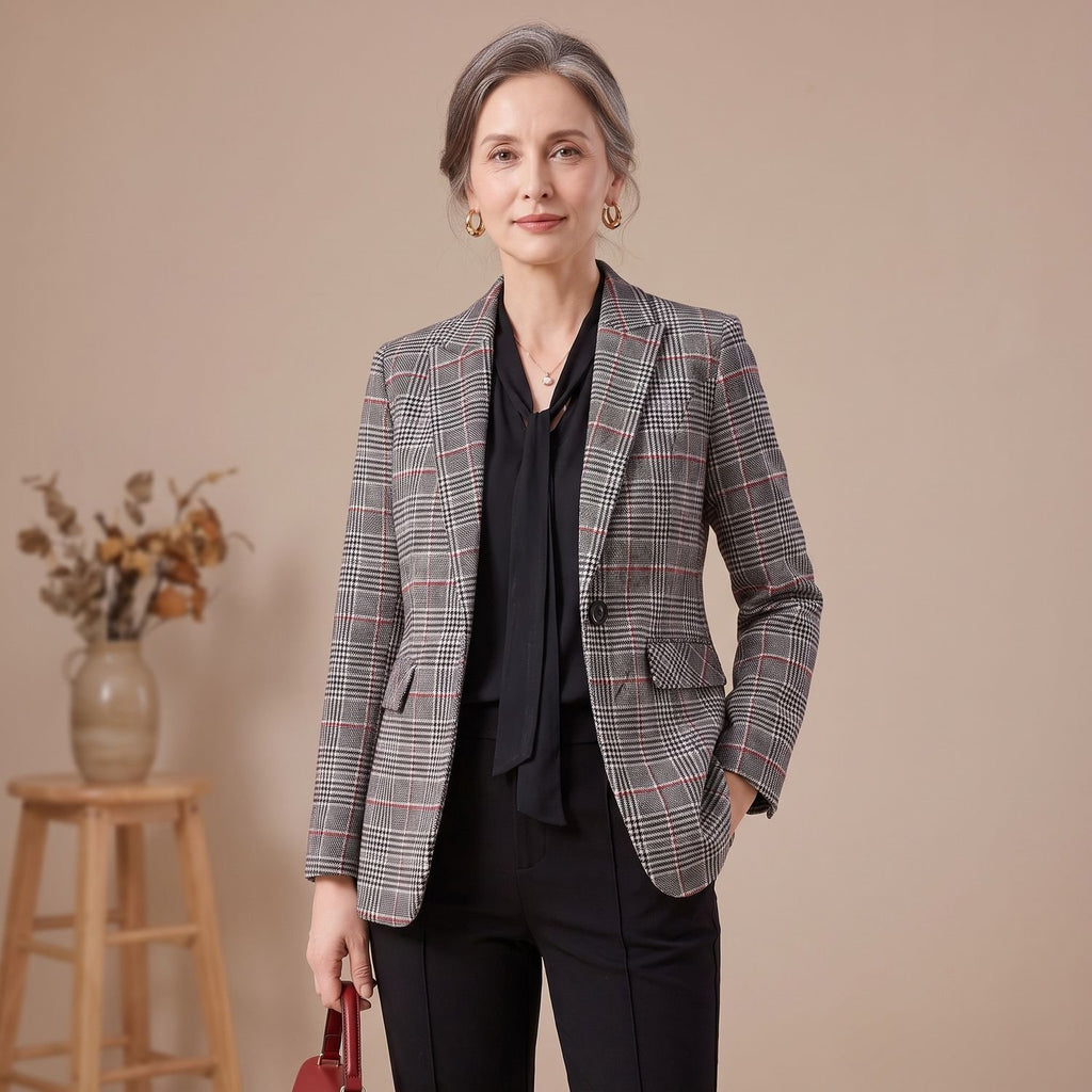 Women's Slim-Fit Tartan Wool Blazer Single-Button Notch Lapel