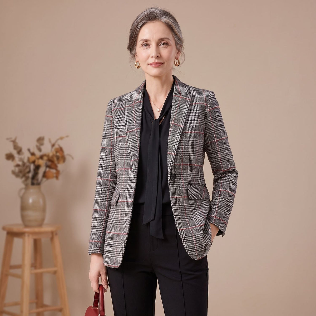 Women's Slim-Fit Tartan Wool Blazer Single-Button Notch Lapel