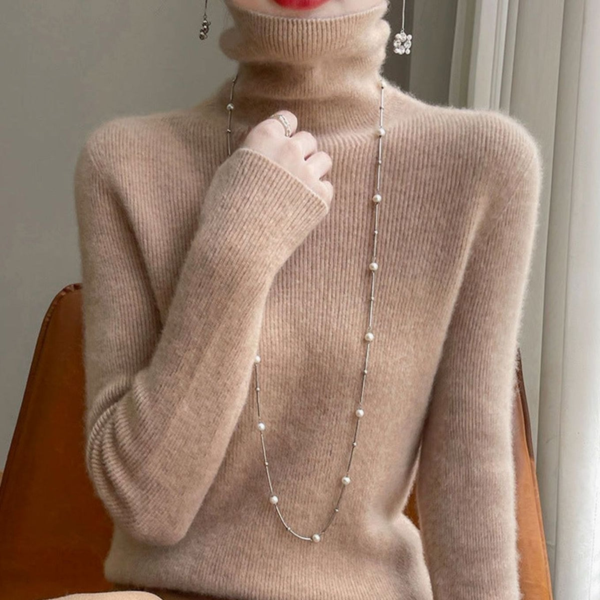 Women's Slim-Fit Turtleneck Ribbed-Cuff Knit Sweater - Beige Taupe