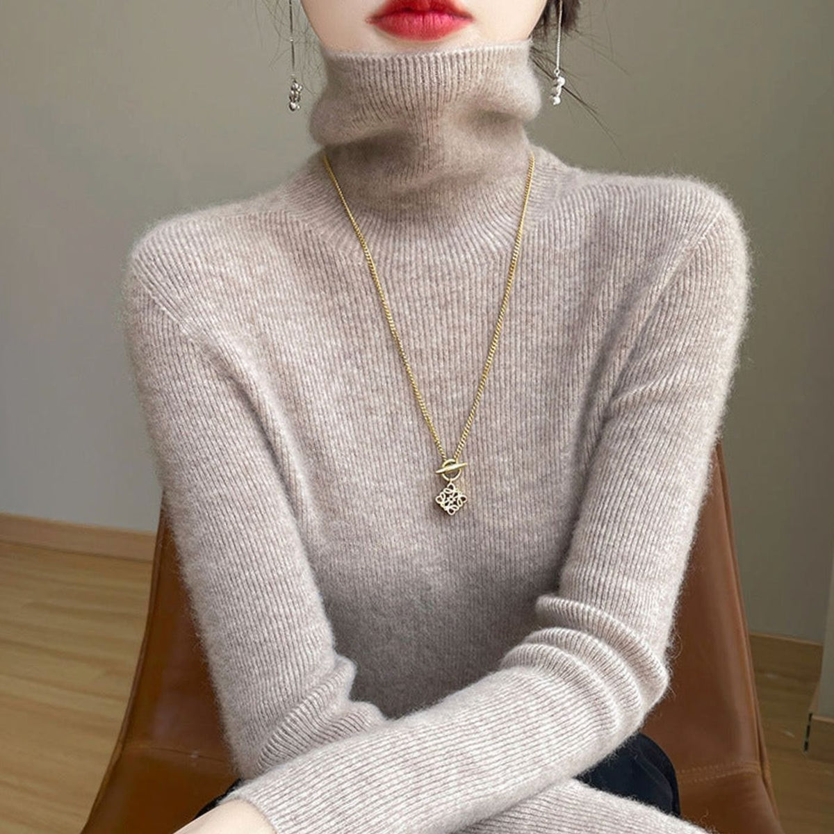 Women's Slim-Fit Turtleneck Ribbed-Cuff Knit Sweater - Light Oat Beige
