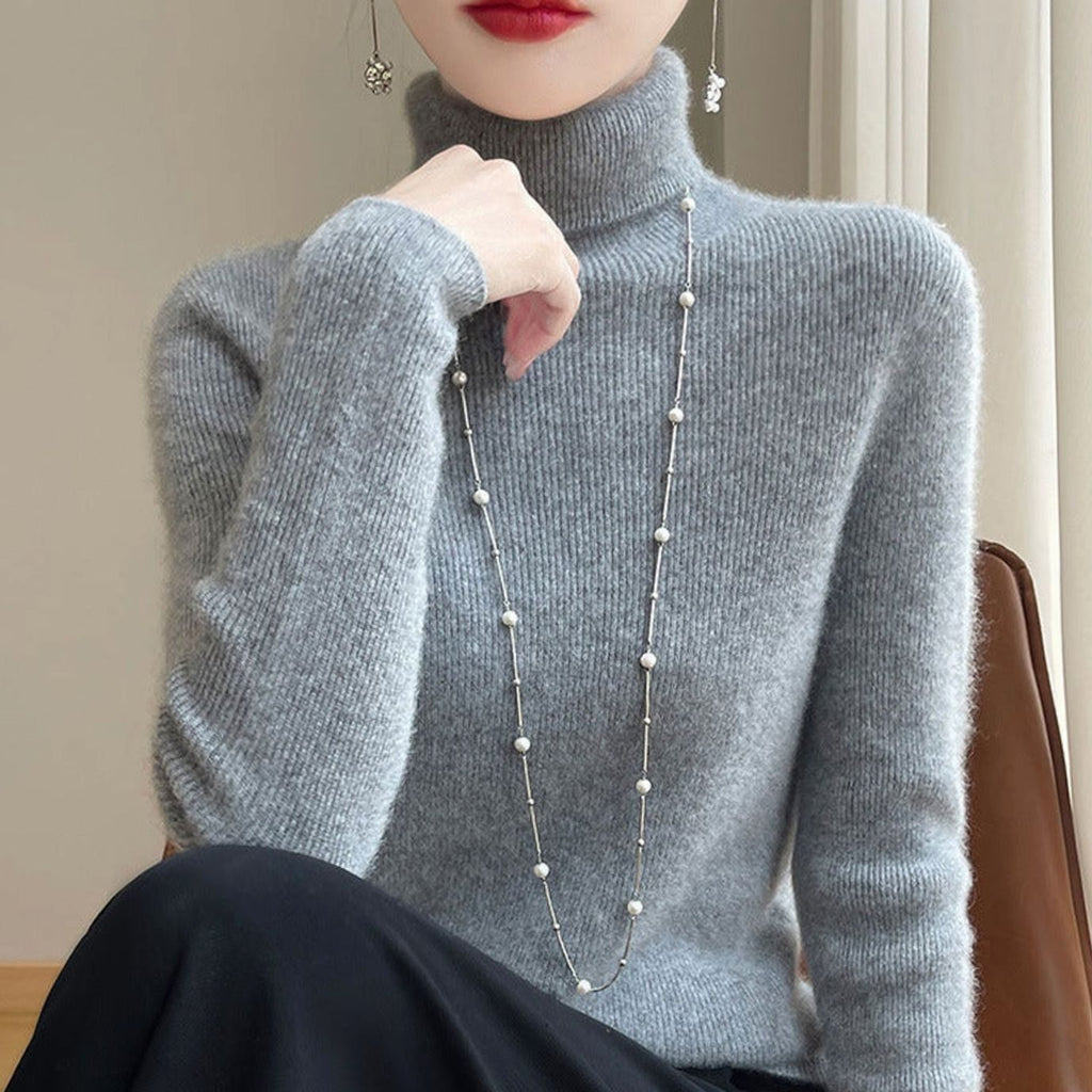 Women's Slim-Fit Turtleneck Ribbed-Cuff Knit Sweater - Medium Gray