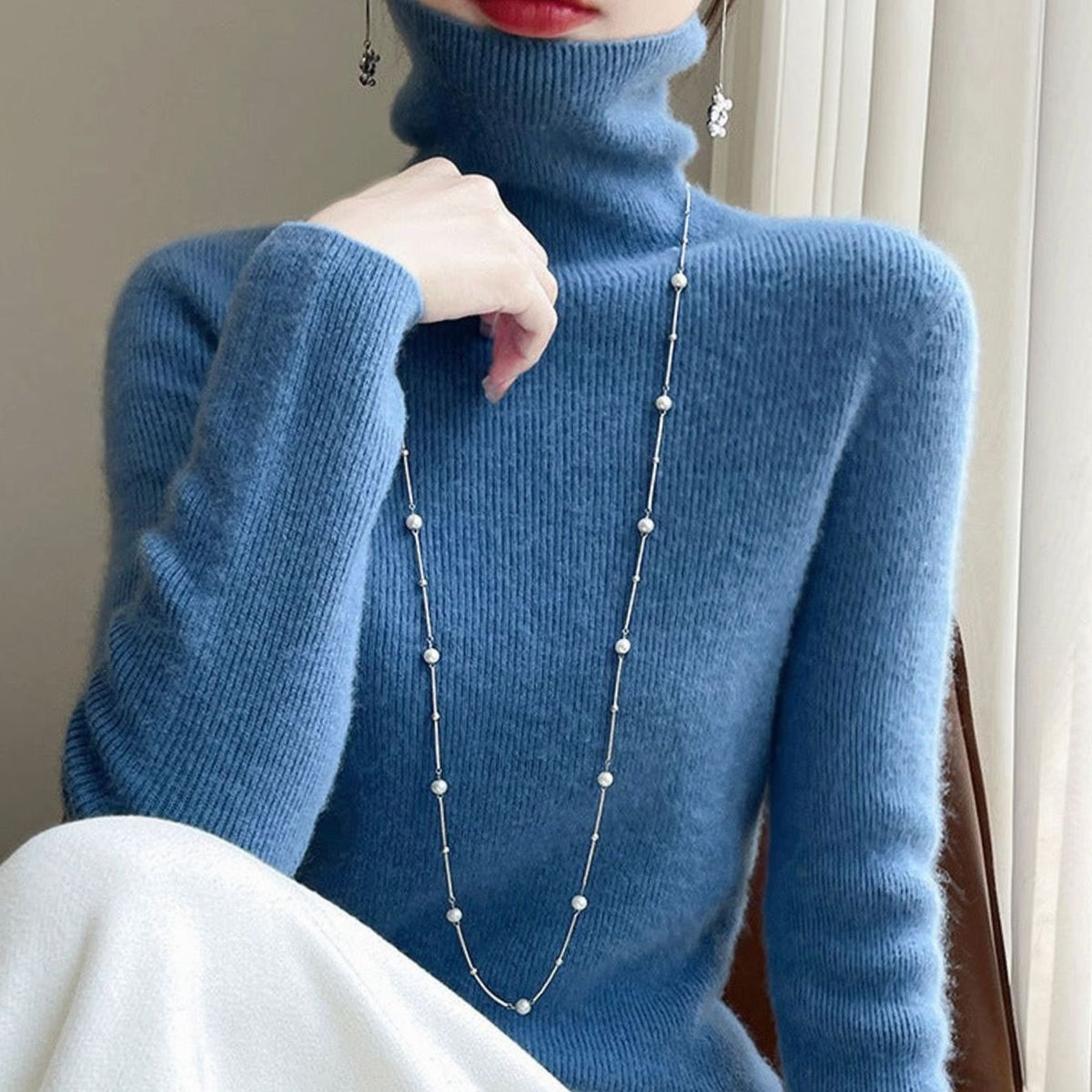 Women's Slim-Fit Turtleneck Ribbed-Cuff Knit Sweater - Fog Blue