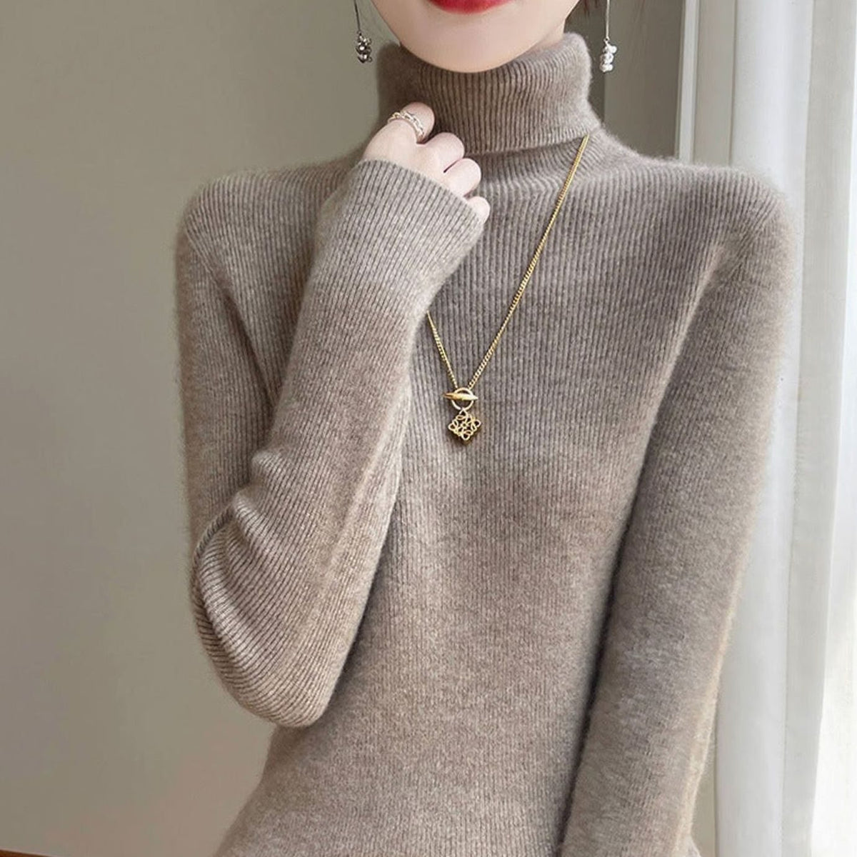 Women's Slim-Fit Turtleneck Ribbed-Cuff Knit Sweater - Suede Camel