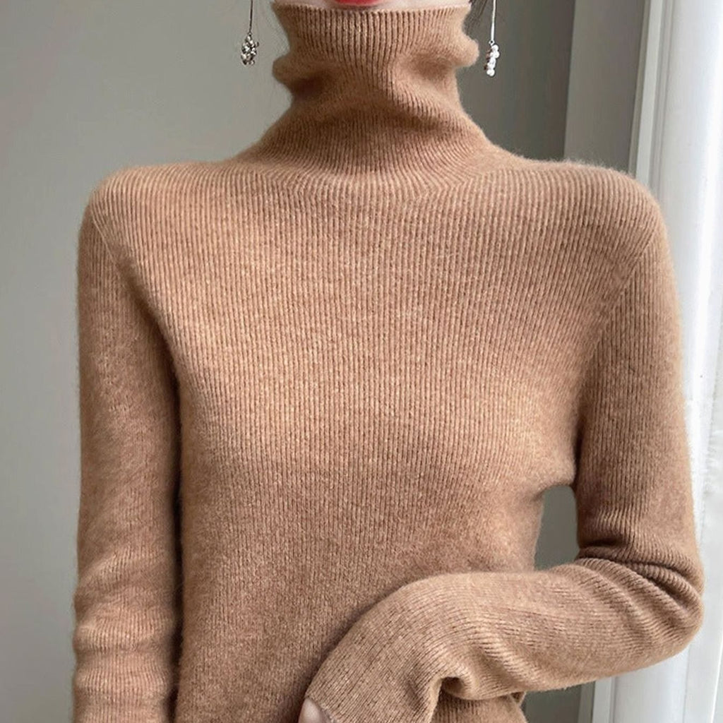 Women's Slim-Fit Turtleneck Ribbed-Cuff Knit Sweater - Gold Sand Camel