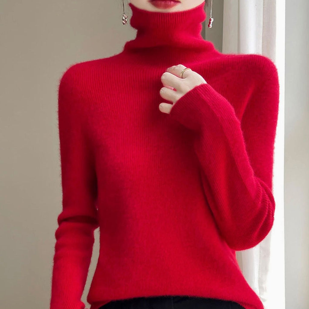 Women's Slim-Fit Turtleneck Ribbed-Cuff Knit Sweater - Cherry Red