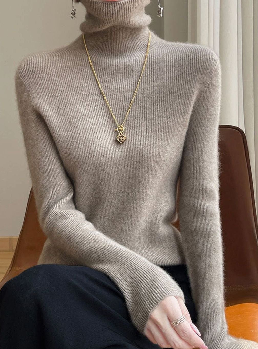 Women's Slim-Fit Turtleneck Ribbed-Cuff Knit Sweater