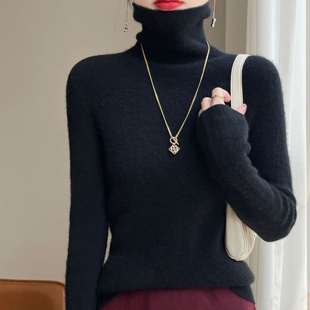 Women's Slim-Fit Turtleneck Ribbed-Cuff Knit Sweater - Classic Black
