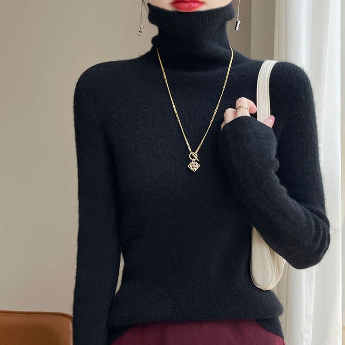 Women's Slim-Fit Turtleneck Ribbed-Cuff Knit Sweater - Classic Black