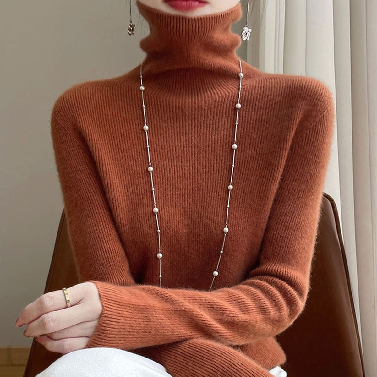 Women's Slim-Fit Turtleneck Ribbed-Cuff Knit Sweater - Light Caramel