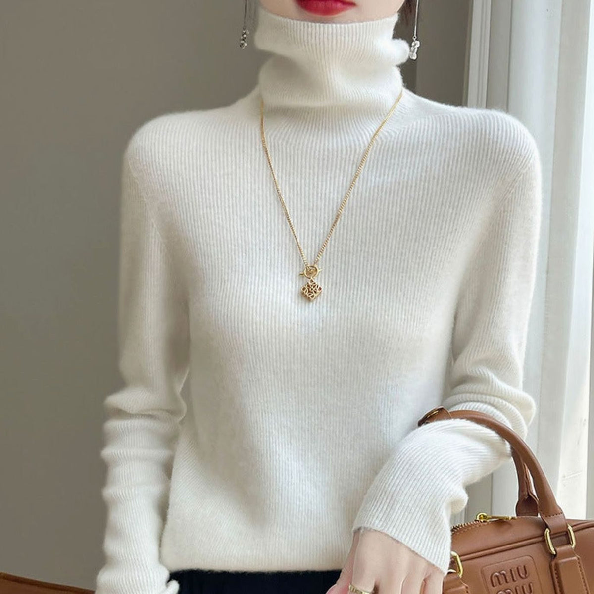 Women's Slim-Fit Turtleneck Ribbed-Cuff Knit Sweater - Ivory White