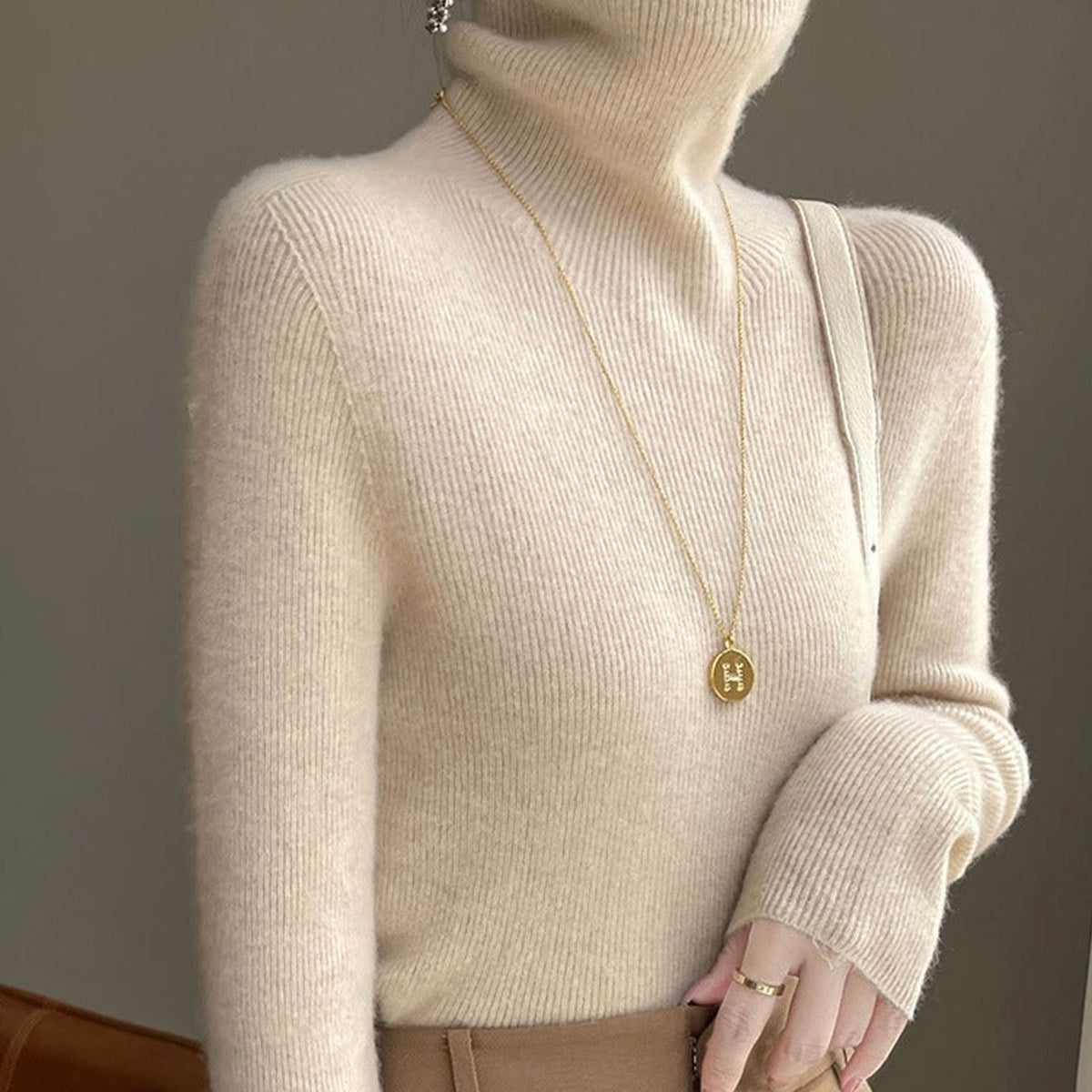 Women's Slim-Fit Turtleneck Ribbed-Cuff Knit Sweater - Suede Beige