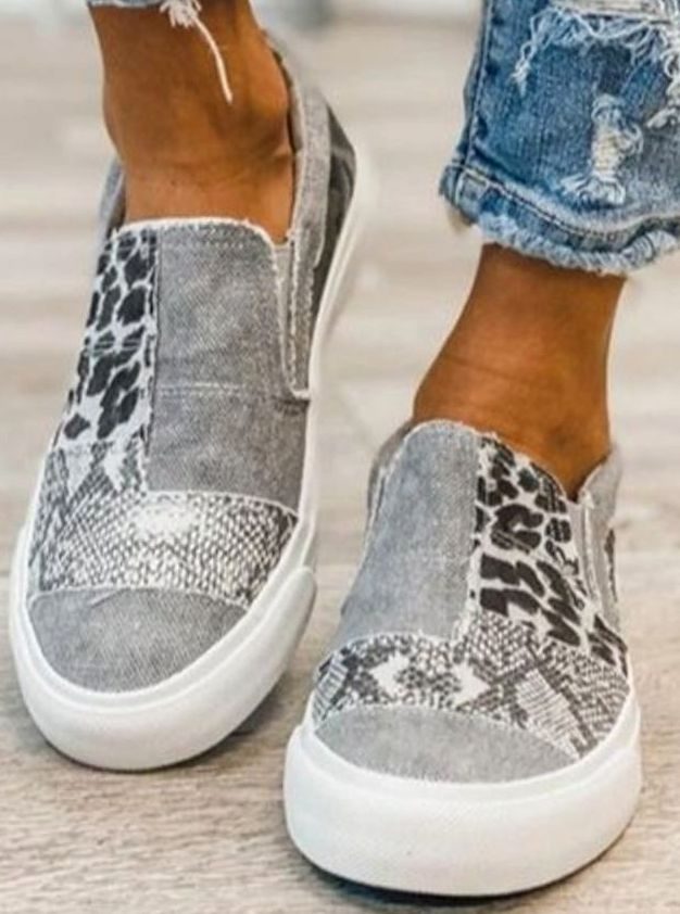 Women's Slip-On Animal Print Canvas Sneakers Cushioned Flat - Grey