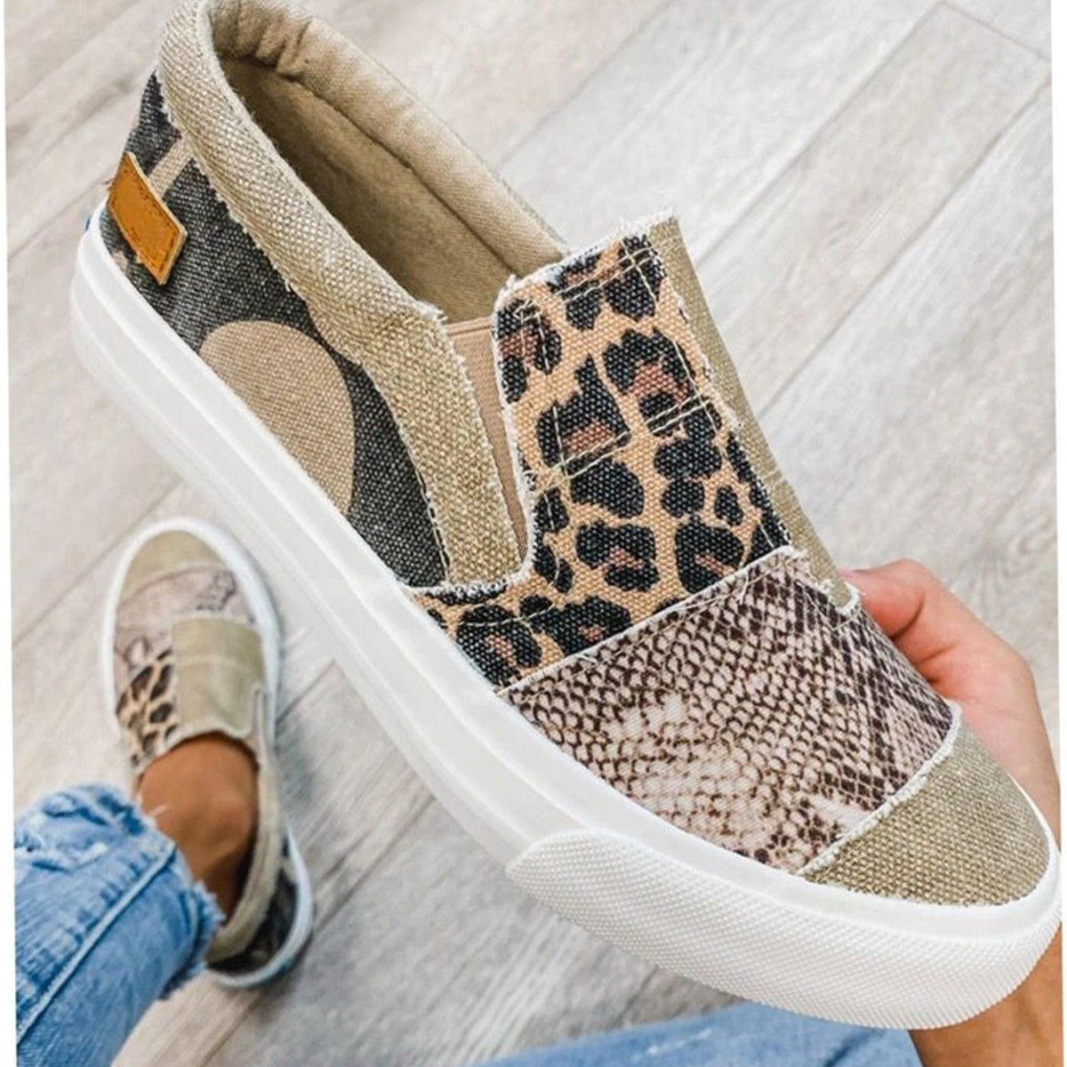 Women's Slip-On Animal Print Canvas Sneakers Cushioned Flat - Khaki
