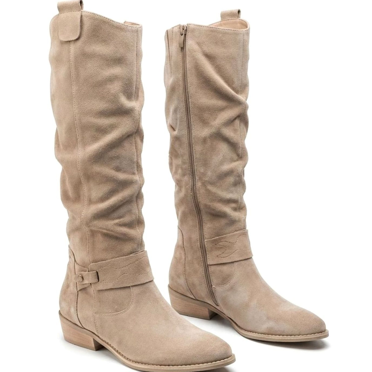 Women's Slouch Knee High Boots Block Heel Ankle Strap - Beige