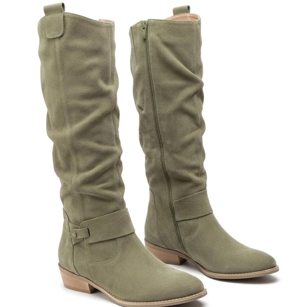 Women's Slouch Knee High Boots Block Heel Ankle Strap - Dark Green