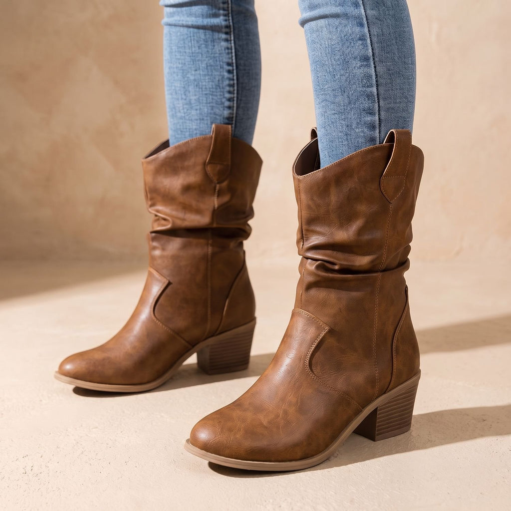 Women's Slouch Mid-Calf Western Block-Heel Boots - Brown