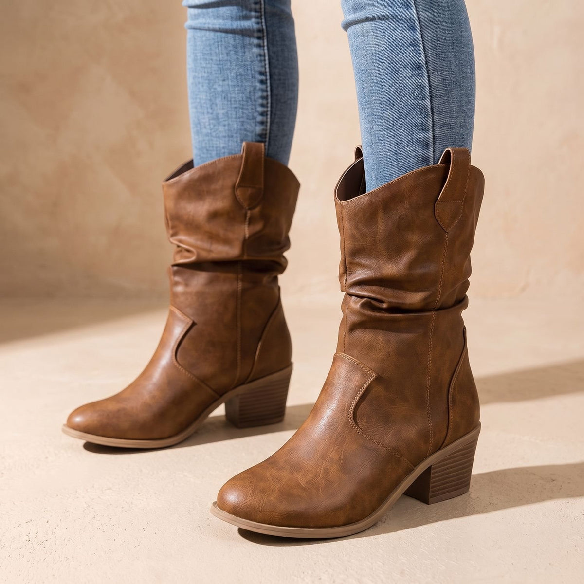 Women's Slouch Mid-Calf Western Block-Heel Boots - Brown
